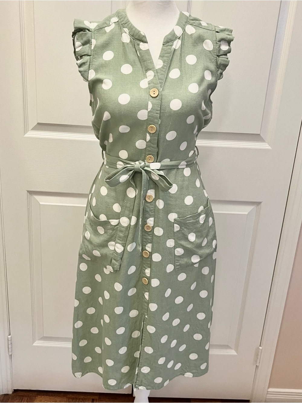 Monteau Sage Green & White Polka Dot Tie Waist Midi Dress M